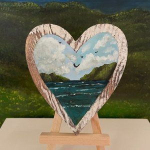 The Lake Miniature Mini Oil Painting With Easel Wood Heart Signed by Artist